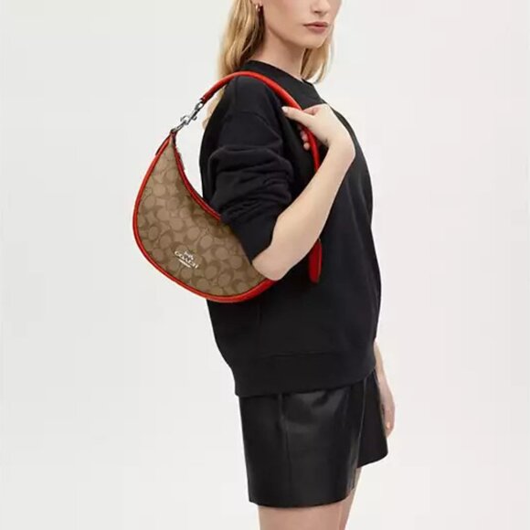 Coach Aria Signature Tan & Red Leather Shoulder Crossbody Bag #CR283 - Picture 2 of 11